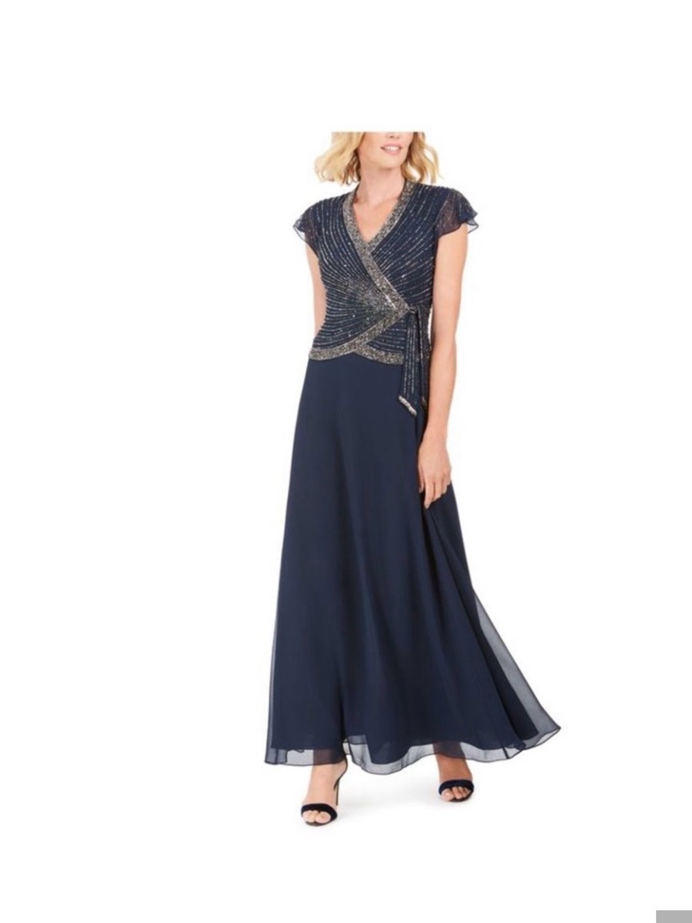 J Kara Navy Beaded Wrap-Front Chiffon Maxi Dress